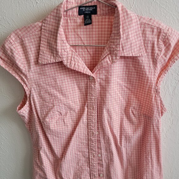 American Eagle Outfitters Stretch Checkered Cotton Buttoned Short Sleeve Blouse - Picture 1 of 3